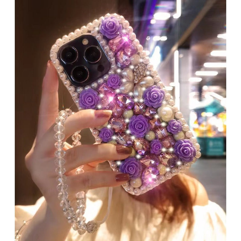 Wholesale Pearl Border Full Diamond Flower Phone Protective Cases